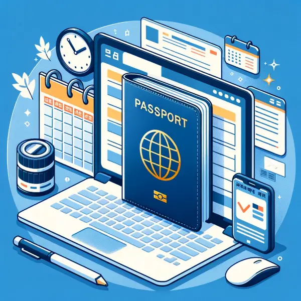 여권, 체크리스트, 온라인 신청 양식을 보여주는 컴퓨터 화면, 그리고 신청 소요 기간을 강조하는 달력