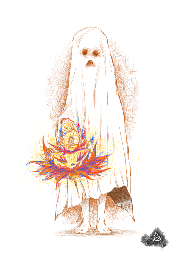 하얀 보자기를 둘러 써 유령처럼 보이는 사람이 오색불을 내뿜는 잭오랜턴을 들고 있는 모습의 색연필화.