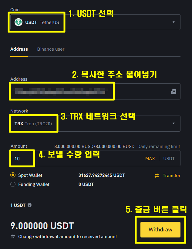 1. USDT를 선택합니다.  2. 복사한 주소를 붙여넣습니다.  3. TRX 네트워크를 선택합니다.  4. 보낼 금액을 입력합니다.  5. 출금 버튼 클릭