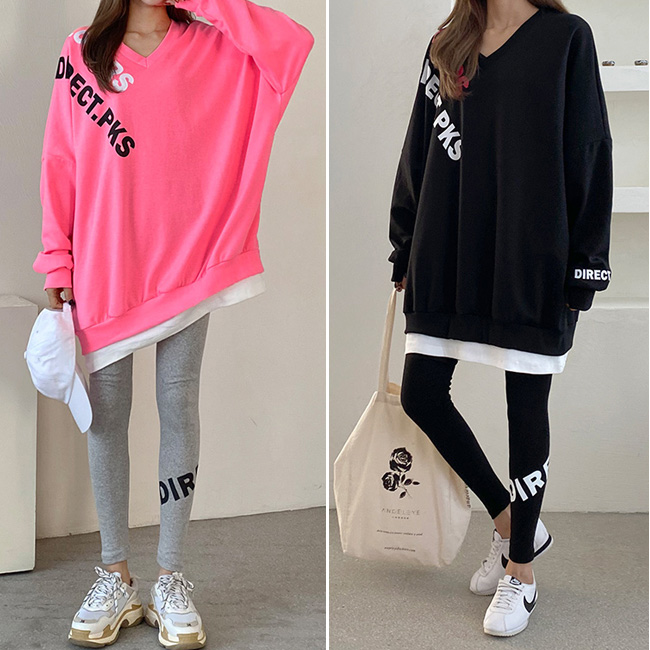  브이네크라인 레이어드 롱티셔츠 레터링 레깅스 세트