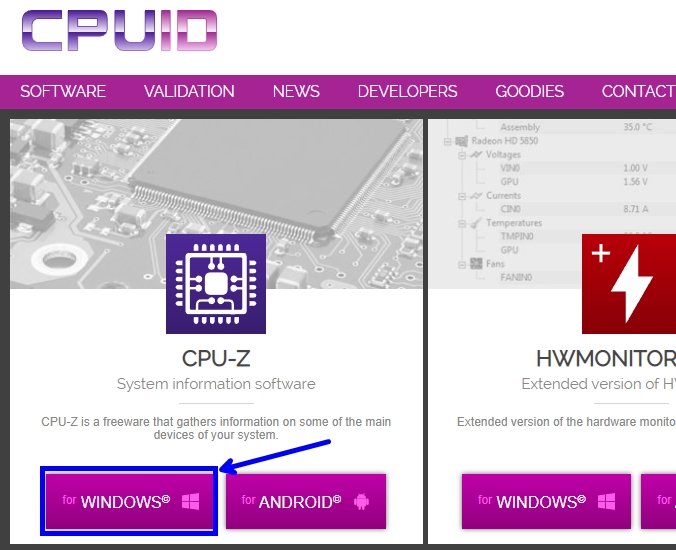 cpu-z 윈도우용 다운로드 페이지