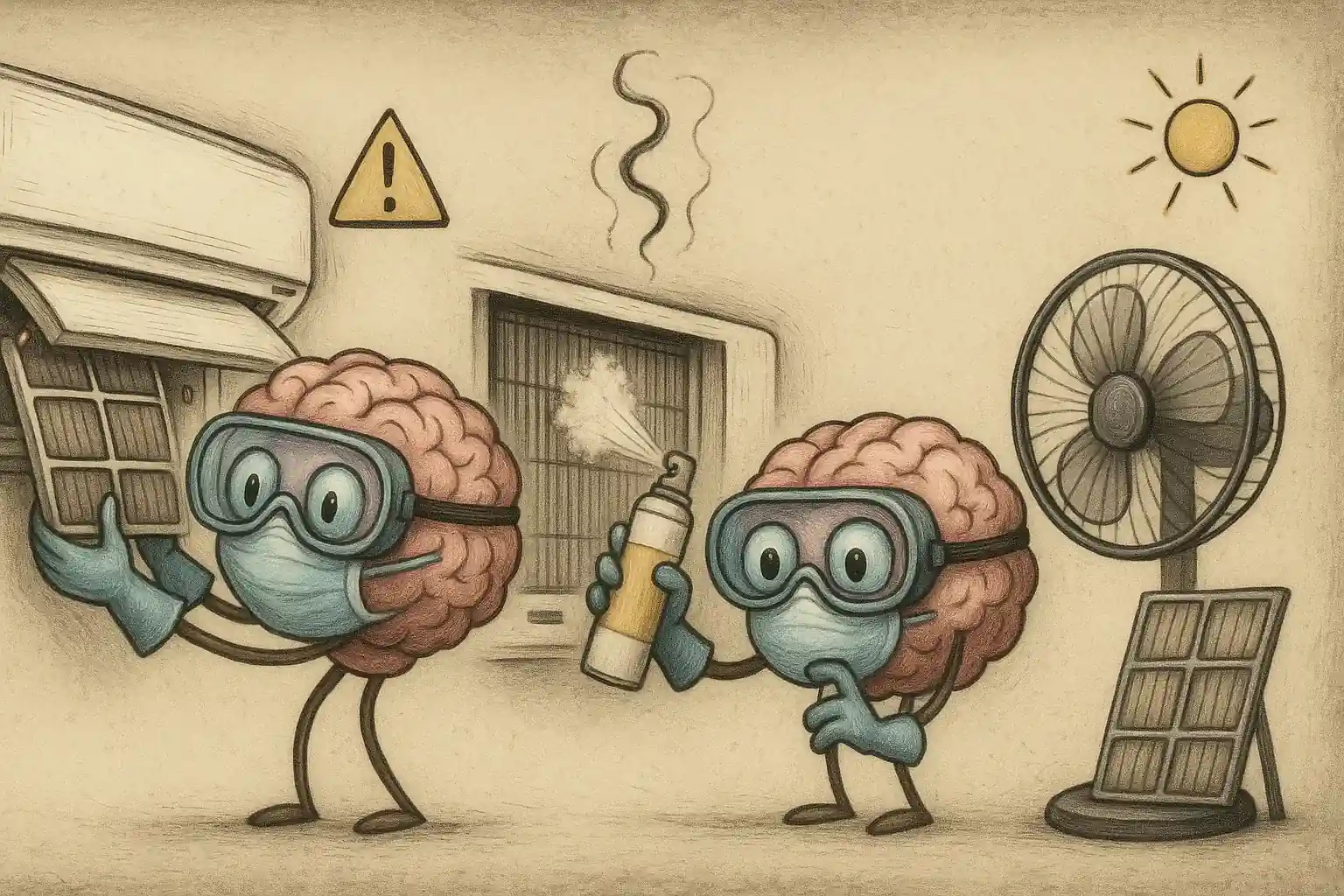 팀 버튼 스타일 보호장비를 착용하고 에어컨 필터를 청소하는 뇌 캐릭터 일러스트