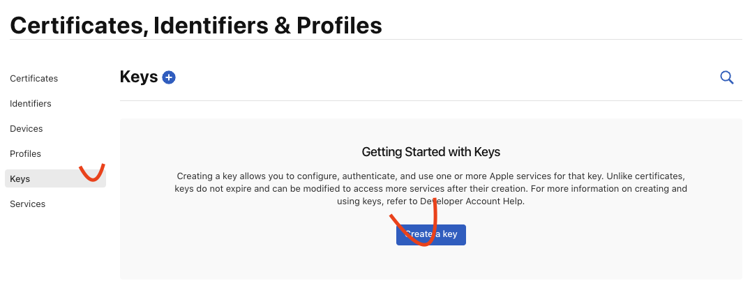 애플 개발자 사이트 APNs를 등록하기 위한 Key 등록