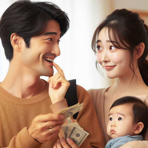 육아휴직과 국가의 지원금을 받고 좋아하는 부부