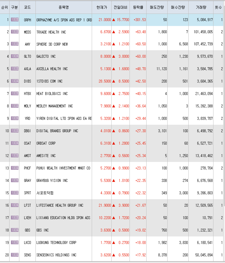  6월10일 미국주식 상승률 상위 종목 TOP 300