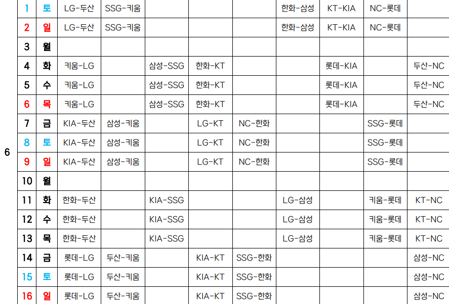 KBO 6월 일정