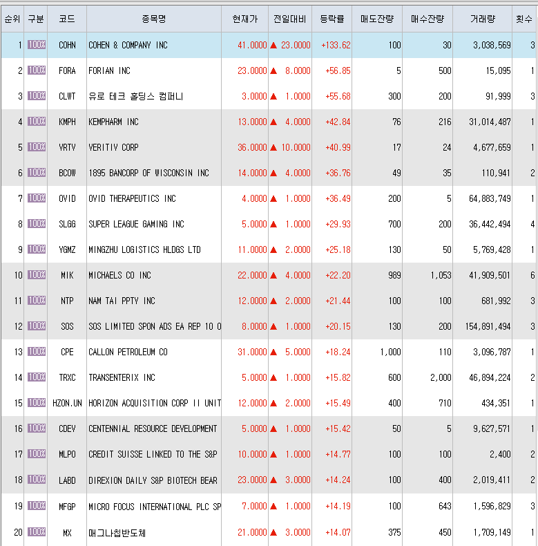  3월3일 미국주식 상승률 상위 종목 TOP 300