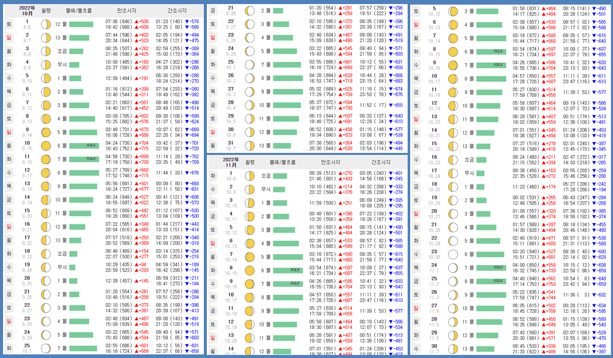 2022년 10, 11월 태안 물때표, 만조 간조 시각, 물때표 보는법