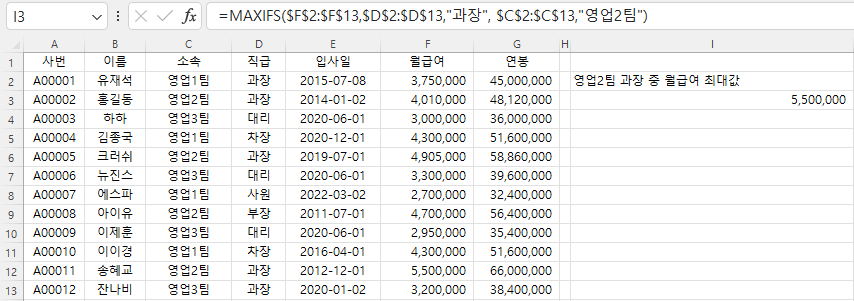 조건에따른최대값최소값구하는함수_MAXIFS함수