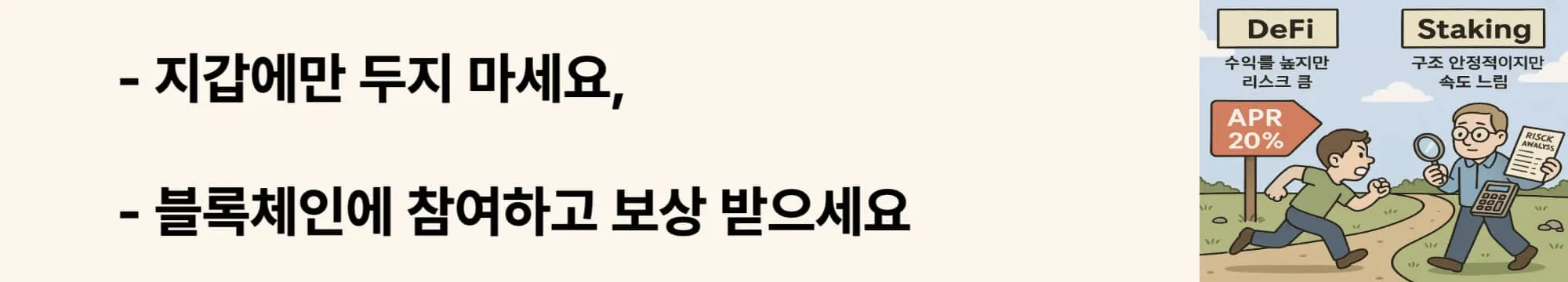 ‘지갑에만 두지 마세요, 블록체인에 참여하고 보상 받으세요’라는 문구가 포함된 웹배너 이미지. 이 이미지는 스테이킹의 기본 개념과 PoS 기반 블록체인에서의 수익 구조를 시각적으로 전달하며, 블로그의 암호화폐 스테이킹 전략 설명과 관련된 내용을 설명함 (staking crypto reward).