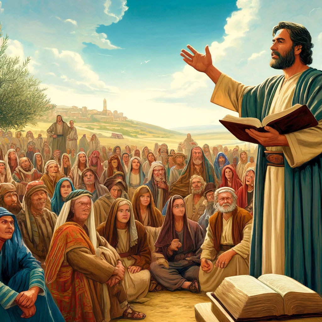 Here is the image depicting a person preaching about the Kingdom of God and Jesus using the laws and scriptures from the Bible. The scene captures an ancient outdoor setting with a diverse group of listeners.