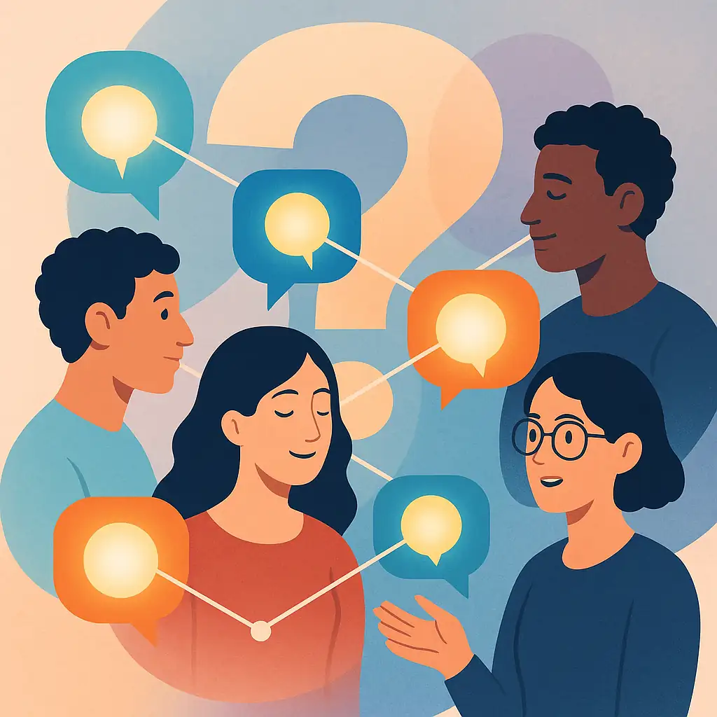 FAQ 상징 이미지: 물음표와 함께 대화창 또는 다양한 사람들이 연결된 모습