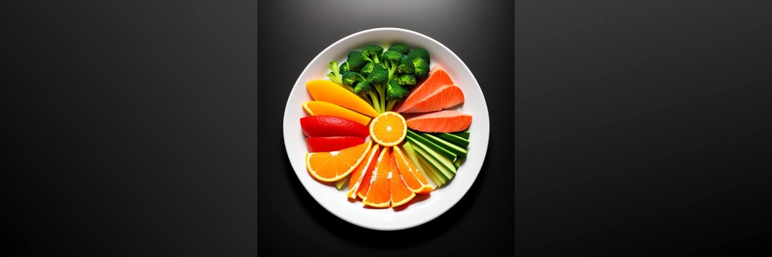 식이섬유가 풍부한 각종 야채와 채소&#44; 과일&#44; 연어 사진. 흰 접시에 정갈하게 원형으로 담겨있다.