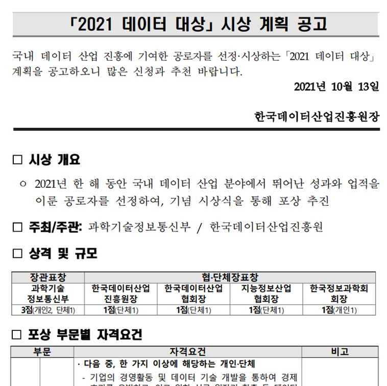  2021년 데이터 대상 시상 계획 공고_과학기술정보통신부