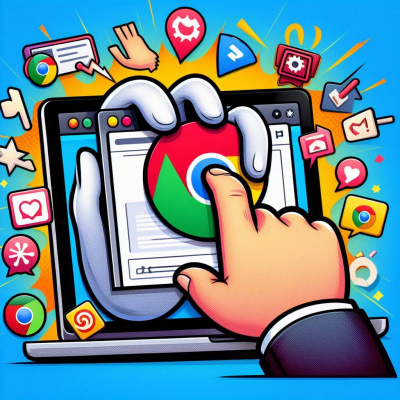 크롬 로고를 클릭하는 손과 다양한 아이콘이 떠다니는 화면 일러스트