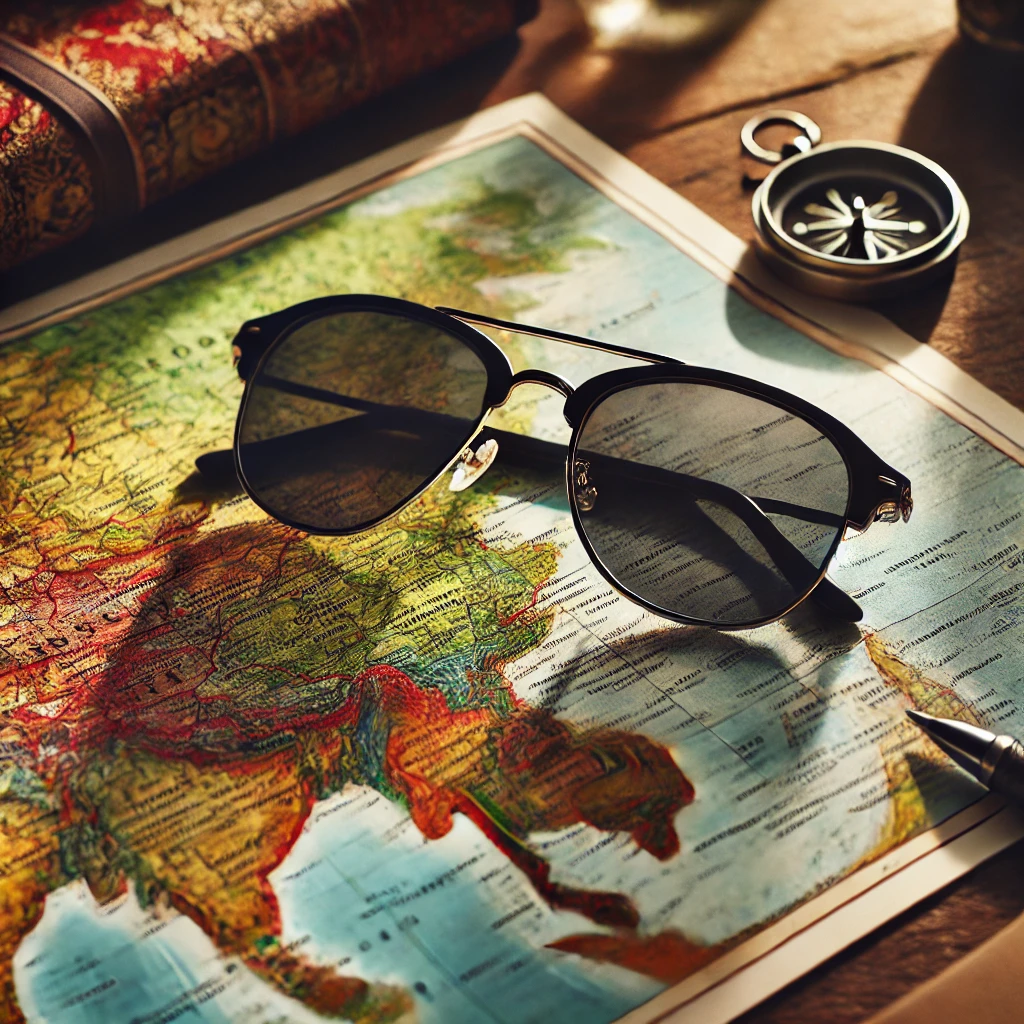 DALL·E 2024-11-26 23.18.13 - A travel-inspired arrangement featuring a colorful, detailed map laid out on a wooden table, with a sleek pair of sunglasses resting on top. The light.webp