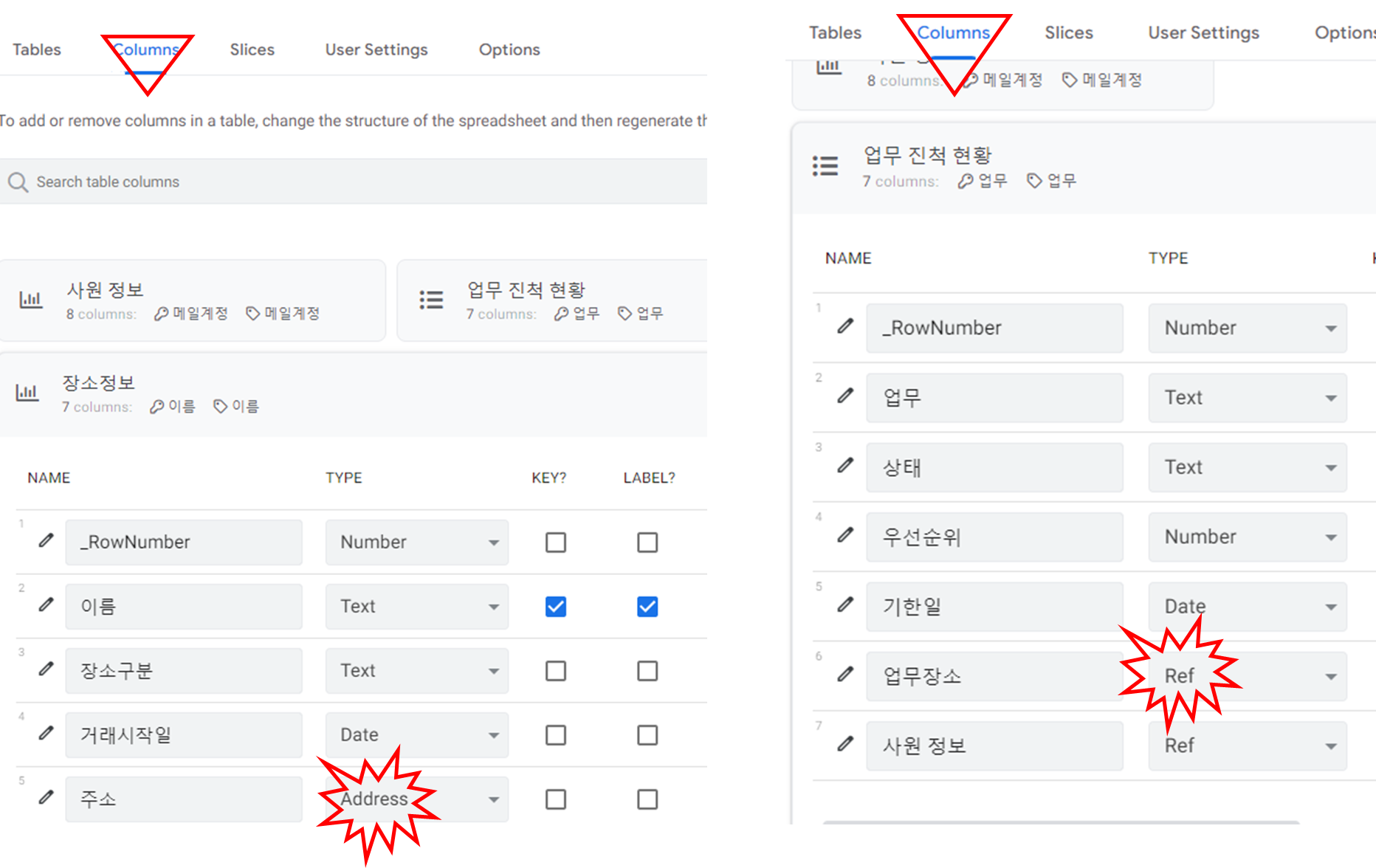 주소 항목은 Address TYPE 이여야 하고 업무 진척 현황의 업무장소 항목에서 Ref 로 연결되어야 함