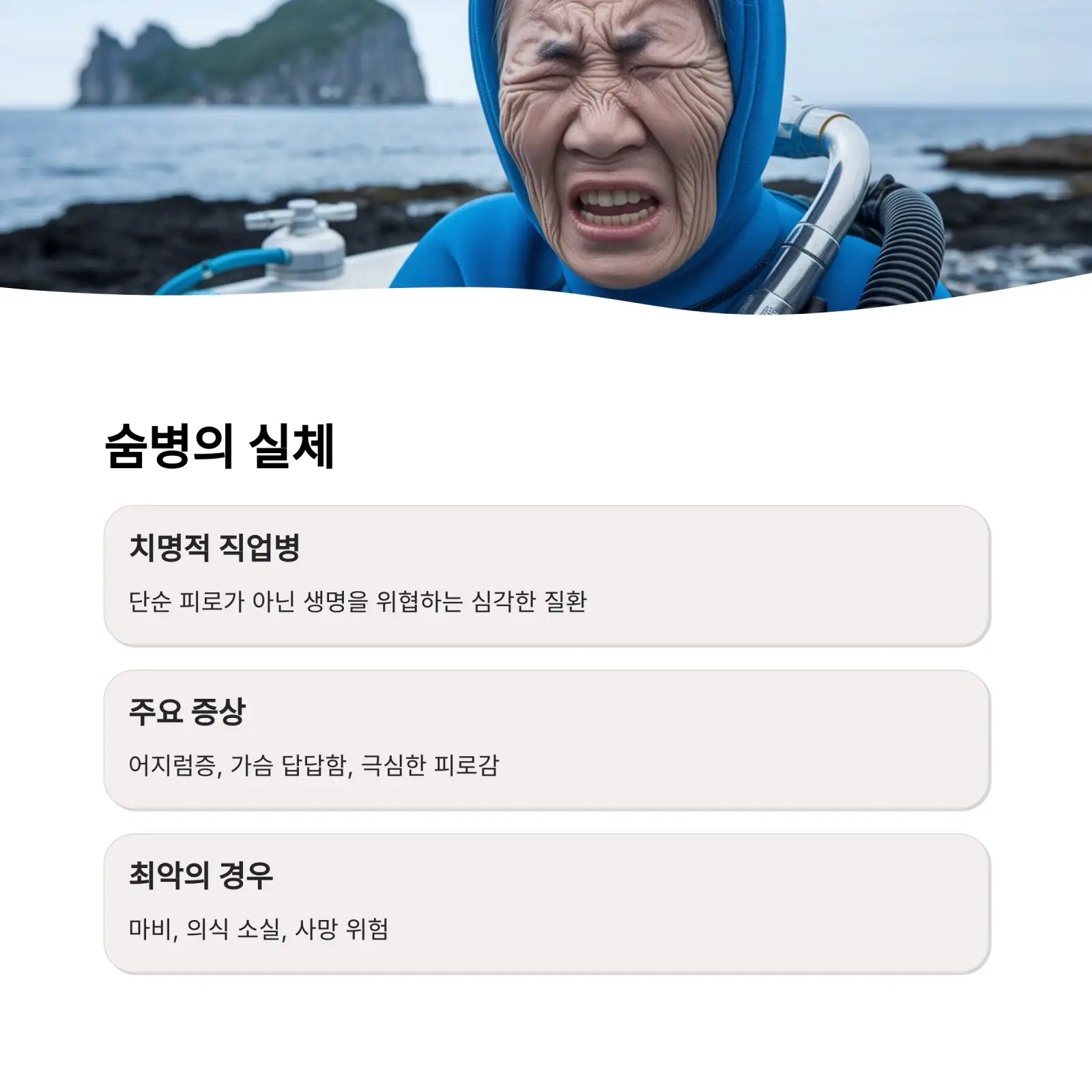 할머니가 잠수하고 나와서 고통스러운 모습을 하고 있다