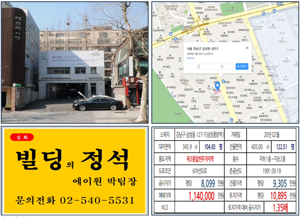  [강남구 삼성동 코엑스 대로변 빌딩] 삼성동 127-7 (삼성중앙역) 114억 원, 평당 10,895만 원, 삼성중앙역 대로변 역세권 투자 및 신축부지용 빌딩