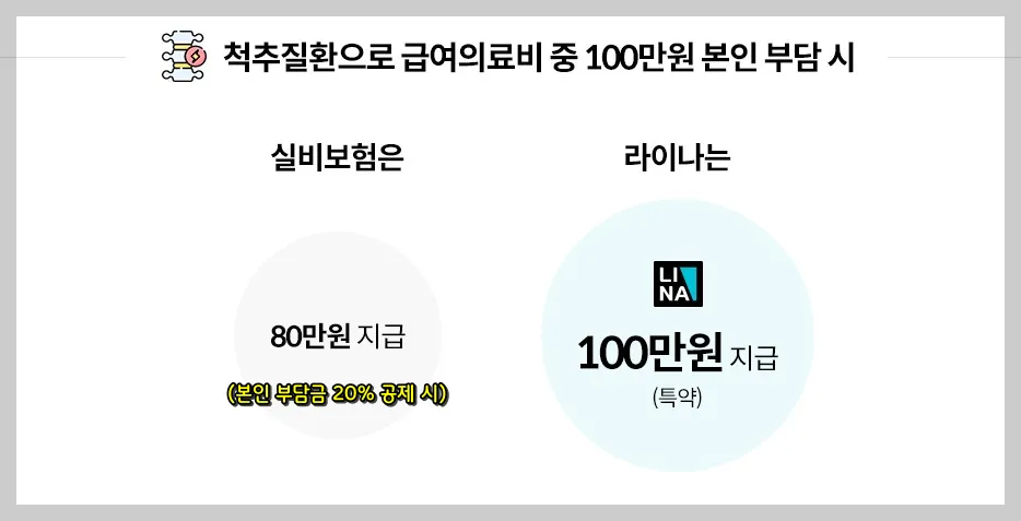 급여 의료비 100만 원 부담 시 실비보험, 해당 보험 보장 금액 비교 이미지