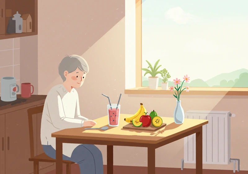 항암치료 식단관리 어려움 극복 플랫디자인 스무디 과일 채소 건강한 식습관 긍정적인 마음