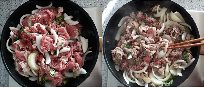 왼쪽: 예열된 프라이팬에 양념한 고기를 넣은 이미지
오른쪽: 소불고기를 볶는 이미지