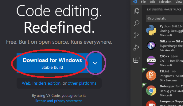 The download button on the vscode site