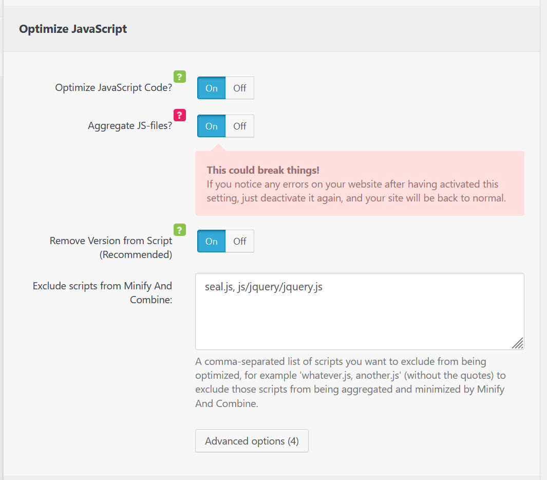 워드프레스 사이트 속도 향상을 위한 Clearfy 플러그인 세팅 예시 - 자바스크립트 최적화