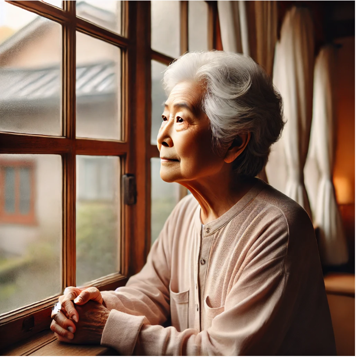 창밖을 바라보며 생각에 잠긴 노부모의 모습