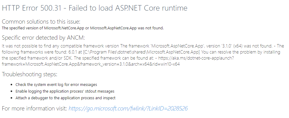  HTTP Error 500.31 - Failed to load ASP.NET Core runtime