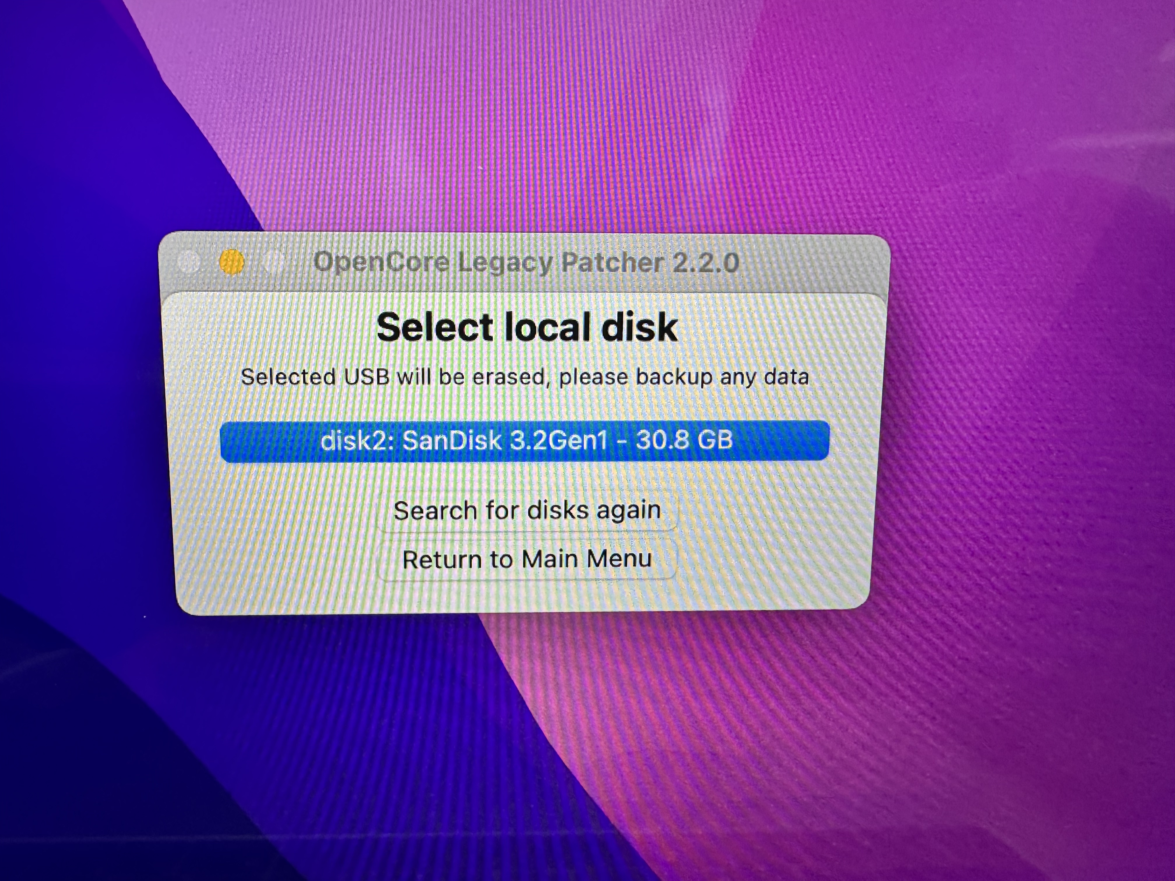 OpenCore Legacy Patcher Select local disk