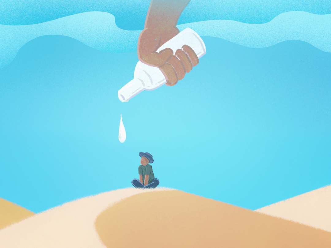 사막에서 시련 받고 있는 사람 위로 떨어지는 물방울 일러스트 무료이미지 다운로드
