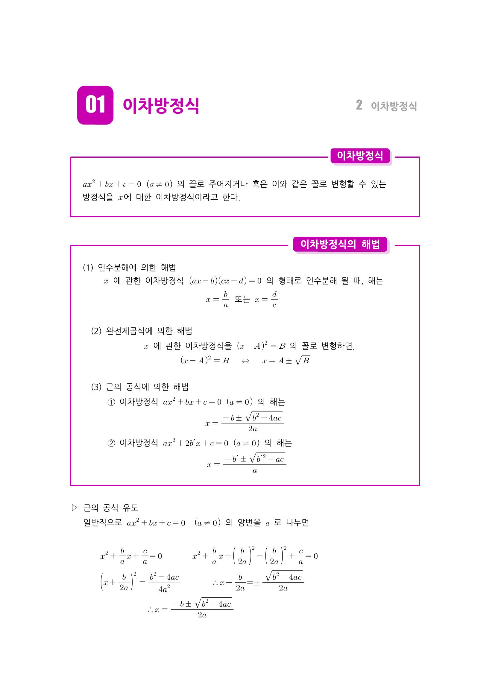 수학 개념 정리/공식 : 이차방정식, 판별식, 이차방적식의 근과 계수와의 관계, 이차방정식의 인수분해, 이차방정식의 켤레근, 이차방정식의 실근의 부호