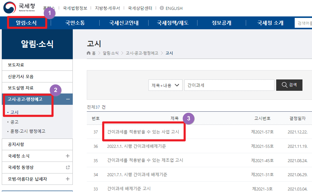간이과세 배제기준 사업 고시 국세청