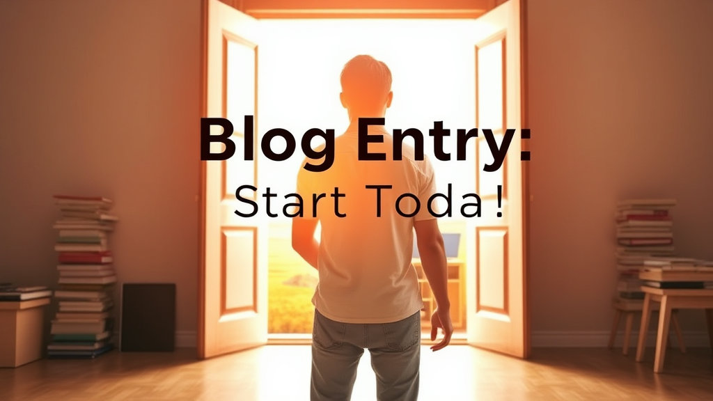 The back view of a person opening a door wide and stepping into a new world (blog). Bright light shines from beyond the door, revealing a laptop, books, an idea lightbulb, etc. A hopeful image. "Blog Entry, Start Today!" text overlay.