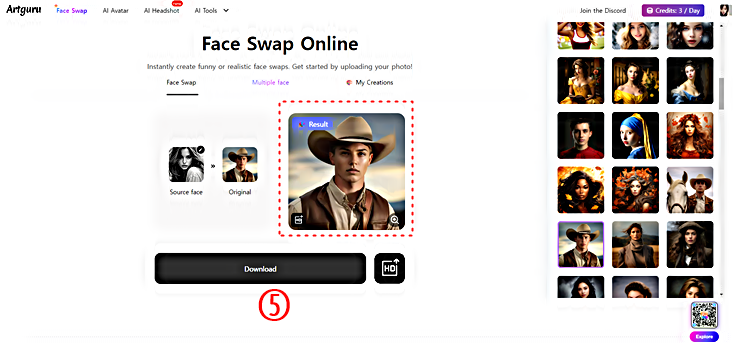 실시간 온라인 페이스 스왑(face swap) 결과 다운로드