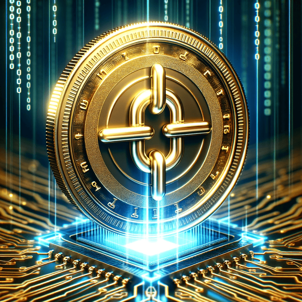 Create an image of a golden coin emblazoned with the abstract symbol of a chain link, signifying connectivity and security.