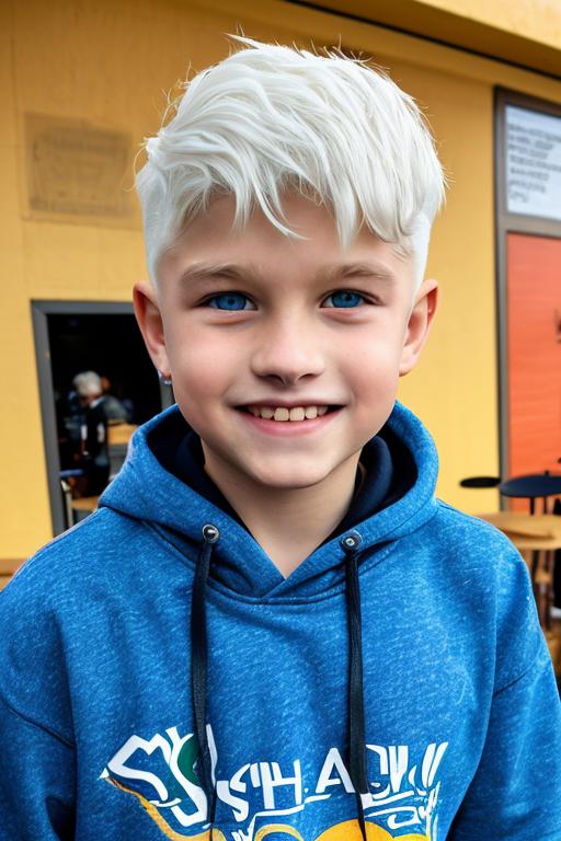  [Boy-087] White haird and Blue eyed Man & Boy in restaurant background