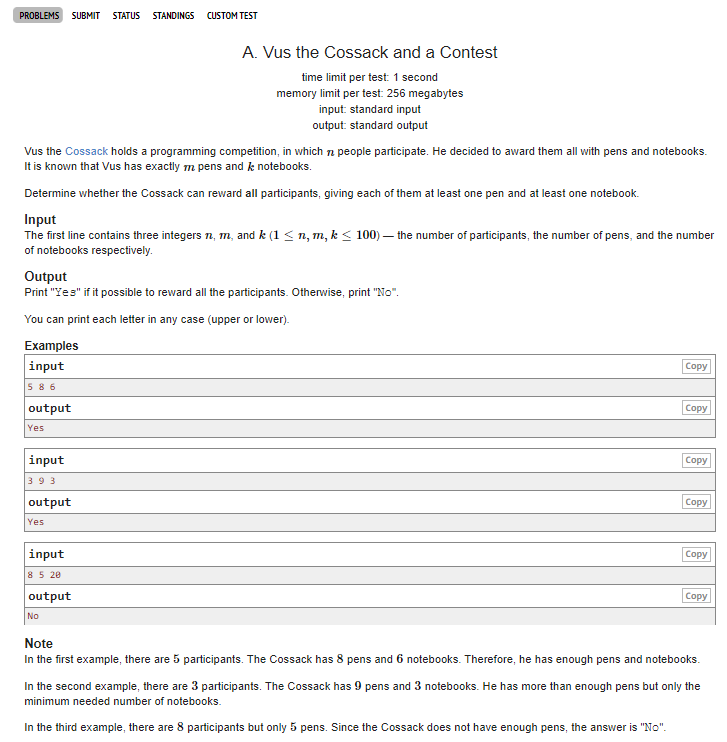  [Codeforces]  1186A: Vus the Cossack and a Contest