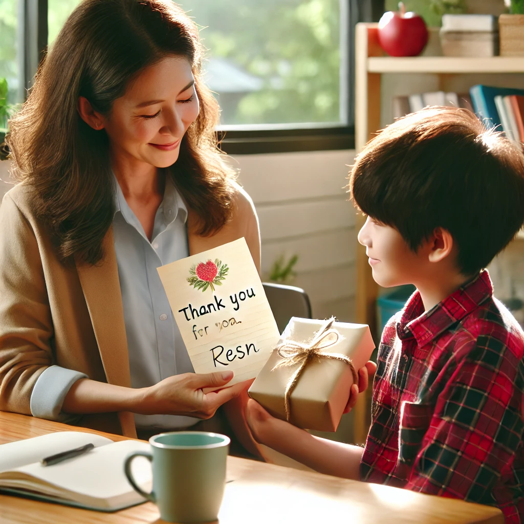 교실에서 학생이 선생님에게 감사 카드와 선물을 전하는 모습