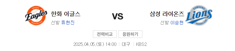 2025년 4월 5일 한화 삼성 야구 중계 일정