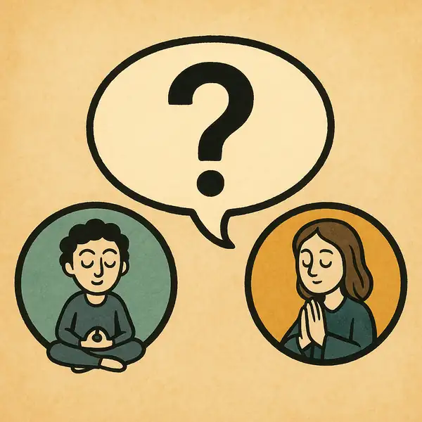 물음표 아이콘과 함께 명상하는 사람과 기도하는 사람의 아이콘이 조화롭게 배치된 FAQ 안내 이미지