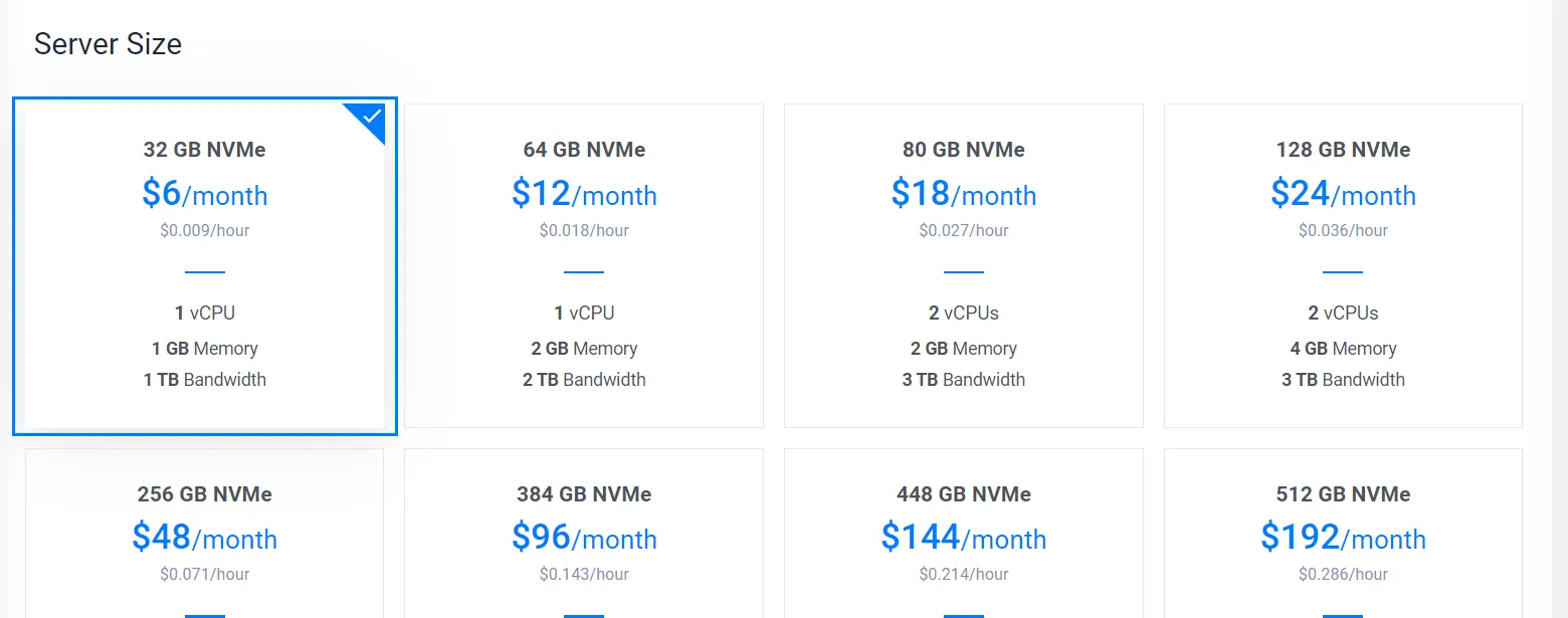Vultr-서버-Server-Size-선택