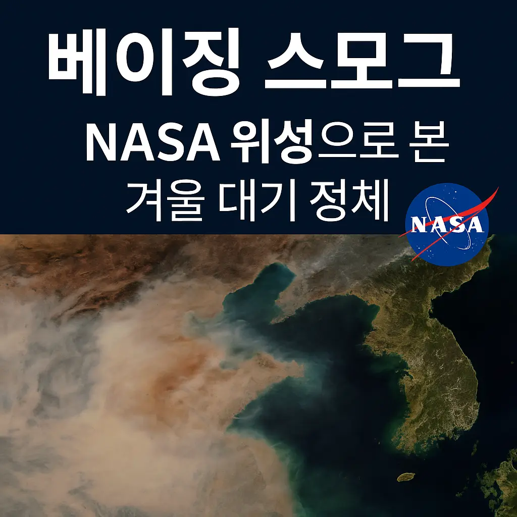 NASA 위성 이미지로 본 중국 베이징 지역의 겨울철 스모그 정체 현상을 시각적으로 표현한 블로그 썸네일 이미지. 한글 텍스트와 NASA 로고가 포함되어 있음