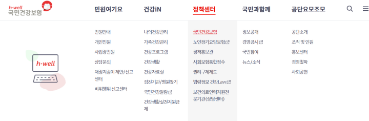 국민건강보험 홈페이지 메뉴를 펼친 화면