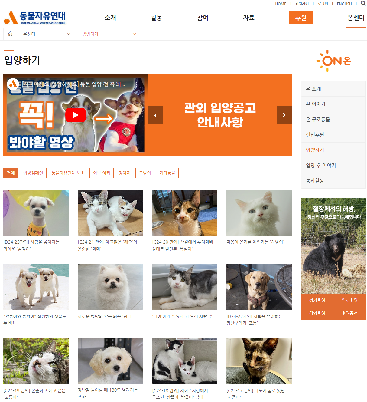 동물자유연대 홈페이지