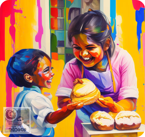 맛있는 빵을 받으며 활짝 웃는 아이와 엄마