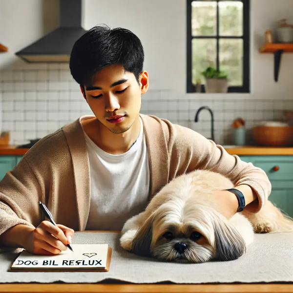 아침에 공복 상태인 반려견의 상태를 기록하며 증상 노트를 들여다보는 동양인 젊은 남성의 초고해상도 사진 (이미지 바로 제공 예정)