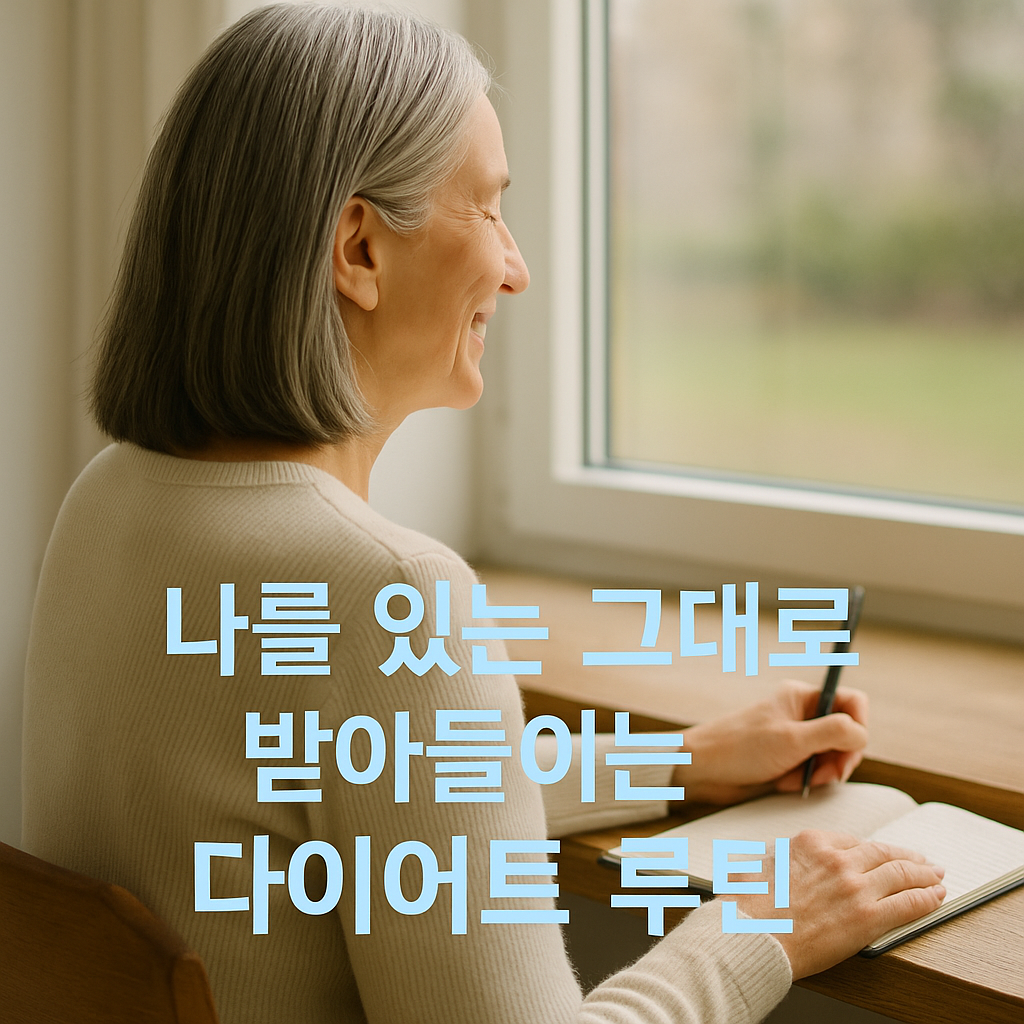 자기 수용 기반 다이어트 루틴을 실천하며 감정을 기록하는 중년 여성의 모습
