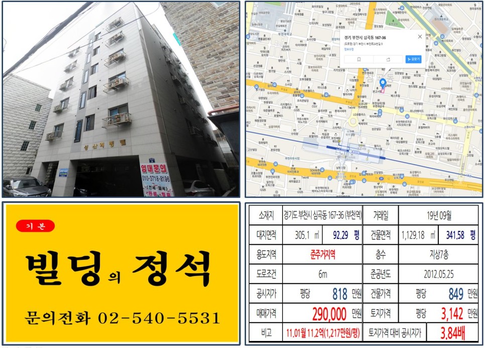  [경기도 부천시 수익용 꼬마빌딩 실거래가 조회] 심곡동 167-36 (부천역) 29억 원, 평당 3,142만 원 매매되었습니다. 역세권 준주거지